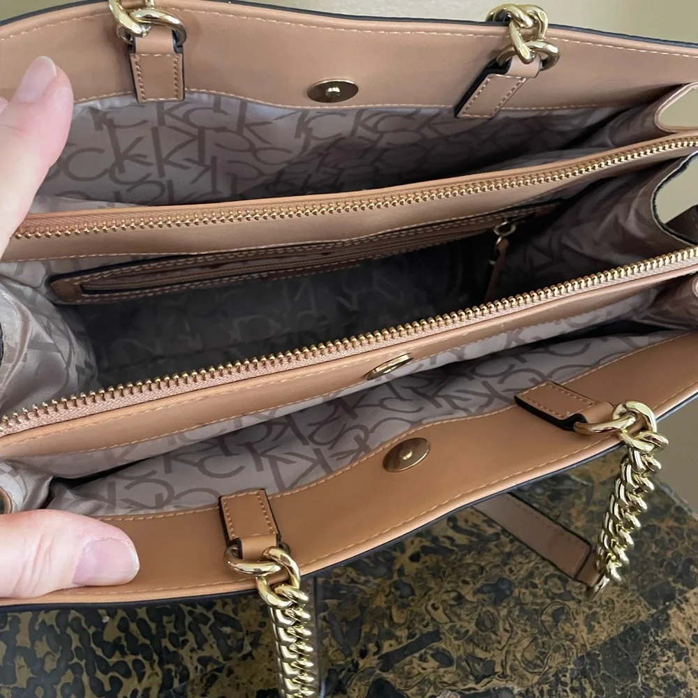 Calvin Klein Navy Monogram Tote with Beige Strap and Gold Chain